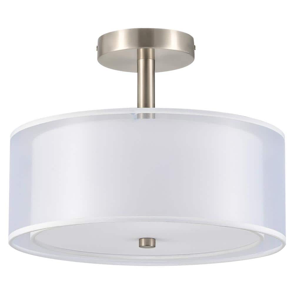 13 in. 3-Light White Semi-Flush Mount Ceiling Light Fixture Drum Light Fixture with 2-Layer Fabric Shade - Hercitys
