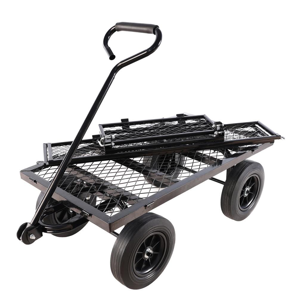 3.5 cu. ft. Black Metal Garden Cart with Removable Sides and Adjustable Handle - Hercitys