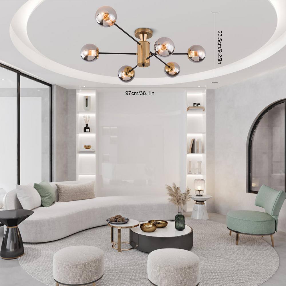38.1 in. 6-Light Gold Modern Sputnik Semi-Flush Mount Ceiling Light with Smoky Grey Glass Shade, No Bulbs Included - Hercitys