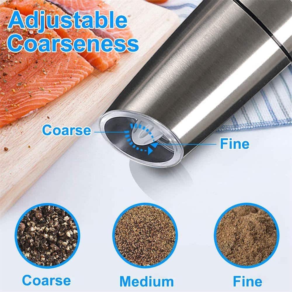 2-Pack Stainless Steel Black Gravity Electric Automatic Pepper and Salt Grinder Set; Battery Powered with LED Light - Hercitys