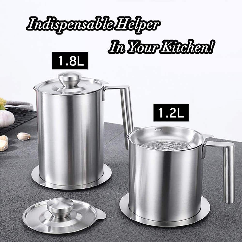 1.8 L/1.9 qt. Stainless Steel Grease Strainer  and  Container with Dust-Proof Lid  and  Easy Grip Handle in Silver - Hercitys