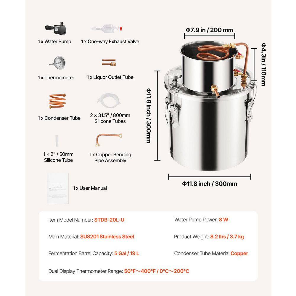 5 Gal. / 19 L Stainless Steel Alcohol Still with Copper Coil, Home Brewing Distiller Kit with Thermometer and Pump - Hercitys