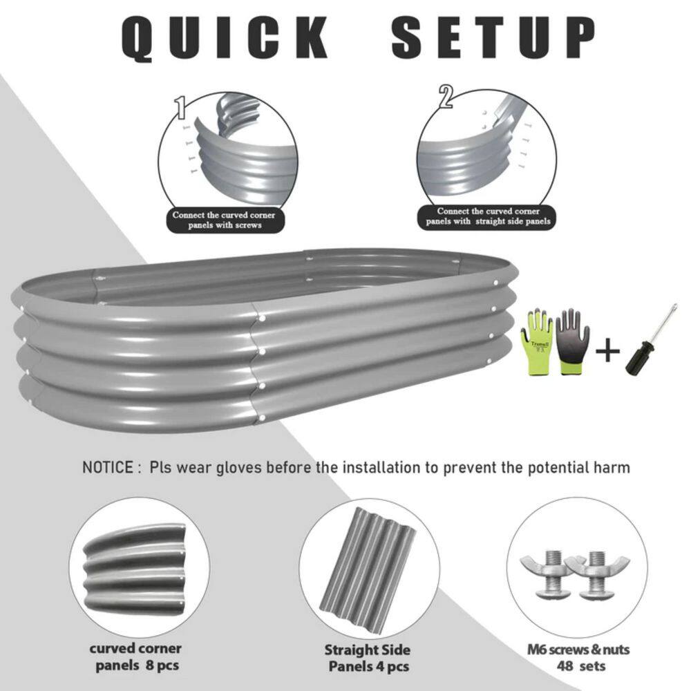 4 x 2 x 1 ft. Light Grey Oval Metal Raised Garden Bed (2-Pack) - Hercitys