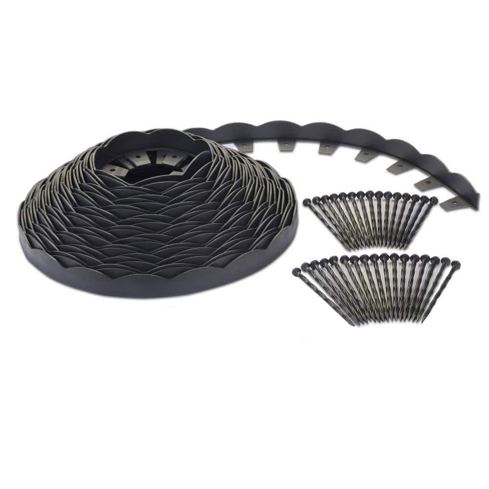 2 in. x 100 ft. Black Polyethylene Scalloped Woodgrain No-Dig Edging Kit - Hercitys