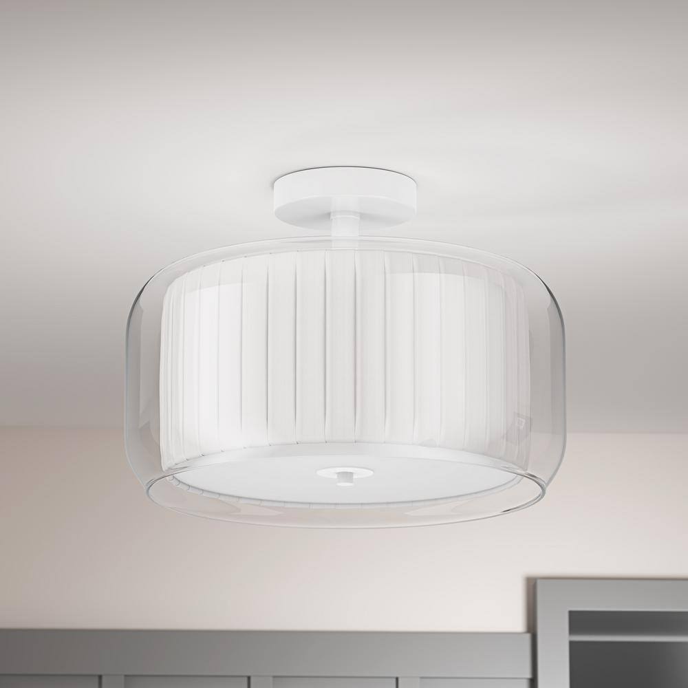 14.96 in. 3-Light White Semi Flush Mount Drum Light Modern Close to Ceiling Lamps with Double Fabric and Glass Shade - Hercitys