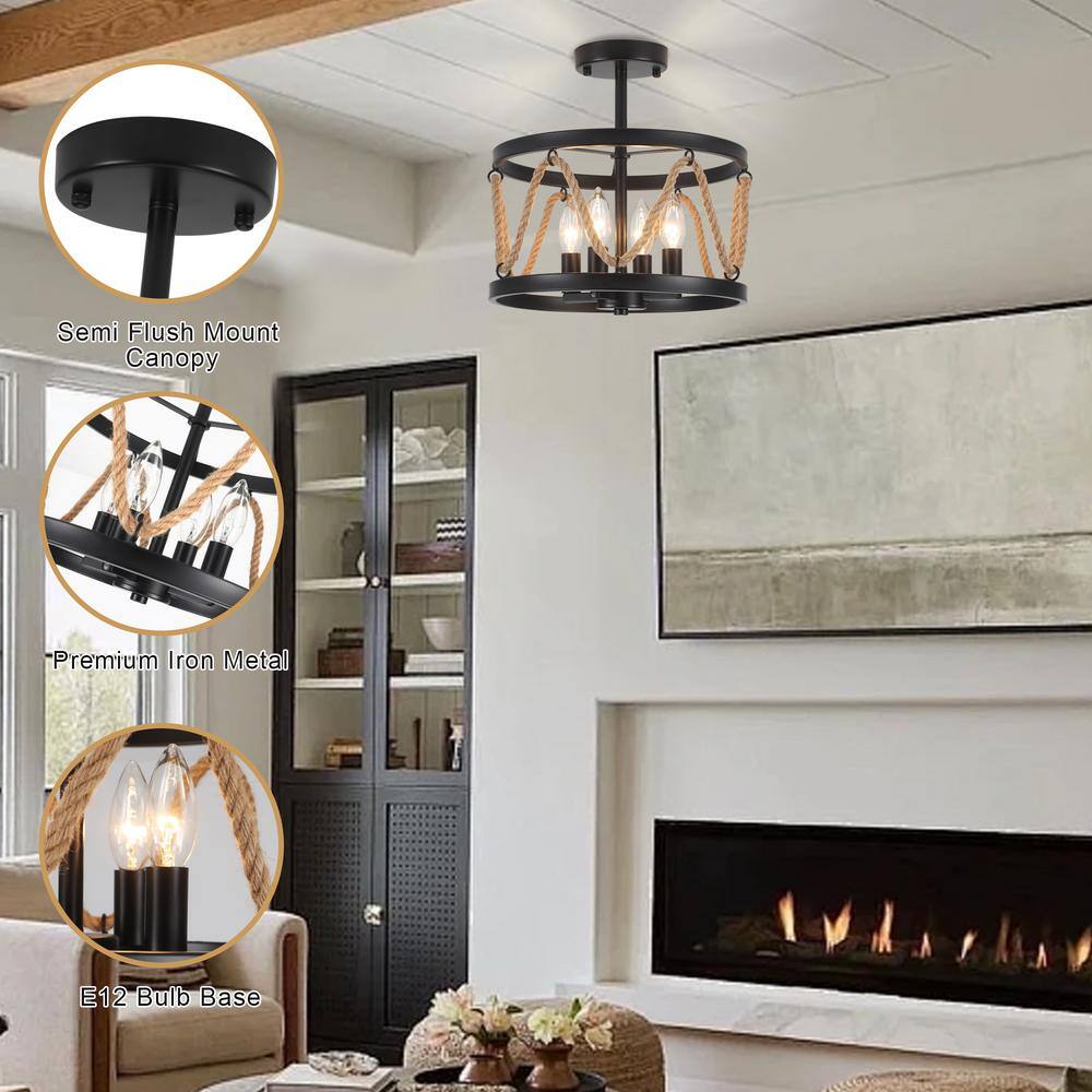 12.6 in. 4-Light Black Drum Metal Hemp Rope Candlestick Semi- Flush Mount Light with No Bulbs Included - Hercitys