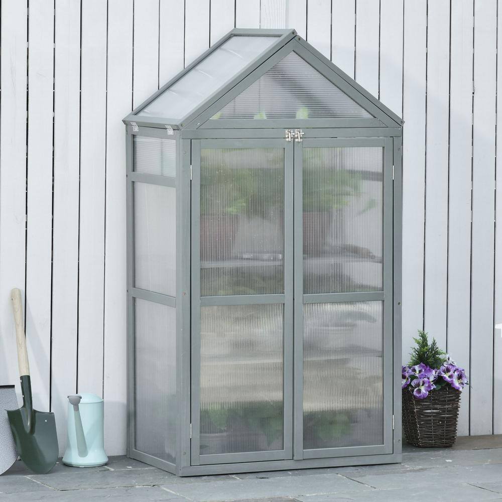 18.25 in. x 31.5 in. x 54.25 in. Wood Grey Greenhouse with Adjustable Shelves and Double Doors - Hercitys
