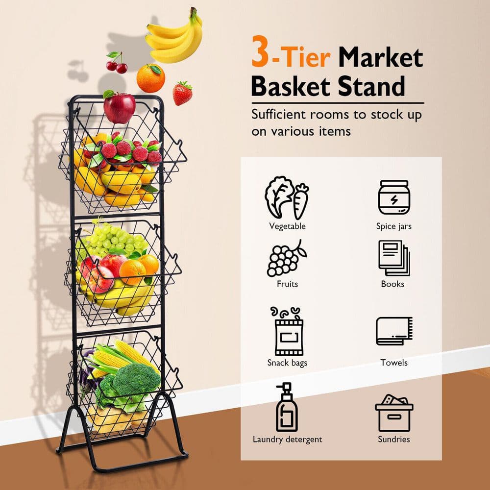 1-Piece 3-Tier Fruit Basket Stand with Adjustable Heights - Hercitys