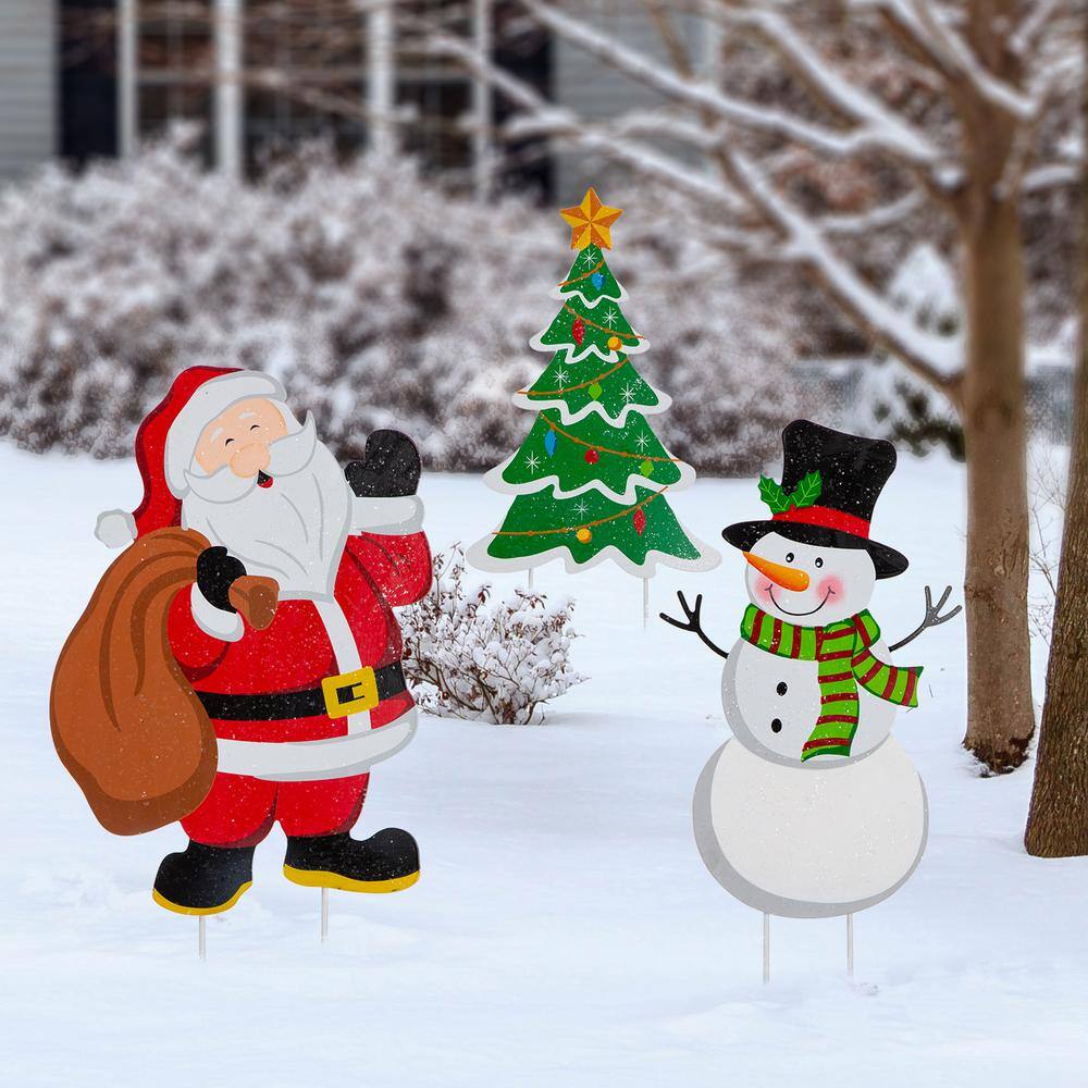 24 in. H Set of 3 Metal Santa/Snowman/Tree Yard Stake or Wall Decor ( KD, 2 Function) - Hercitys