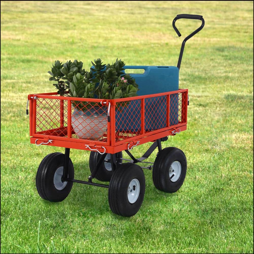 3 Cu. Ft. Red Steel Garden Cart, Wagon Cart, Removable Side Steel Mesh - Hercitys