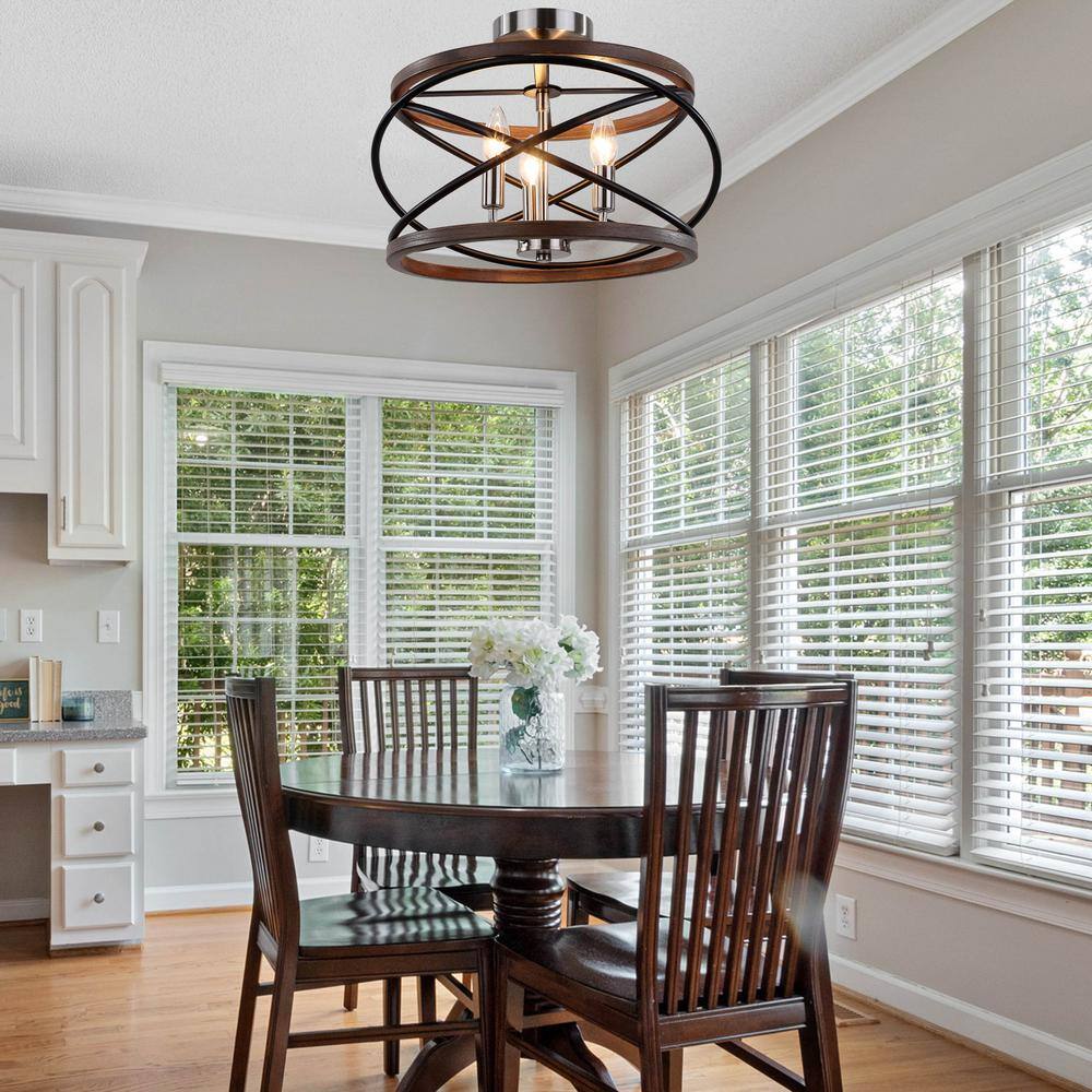 15.75 in. 3-Light Brushed Nickel and Walnut Ringed Candelabra Semi- Flush Mount - Hercitys