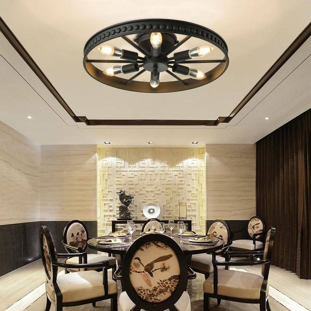 18 in. 6-Light Black Industrial Wagon Wheel Rustic Flush Mount Ceiling Light - Hercitys