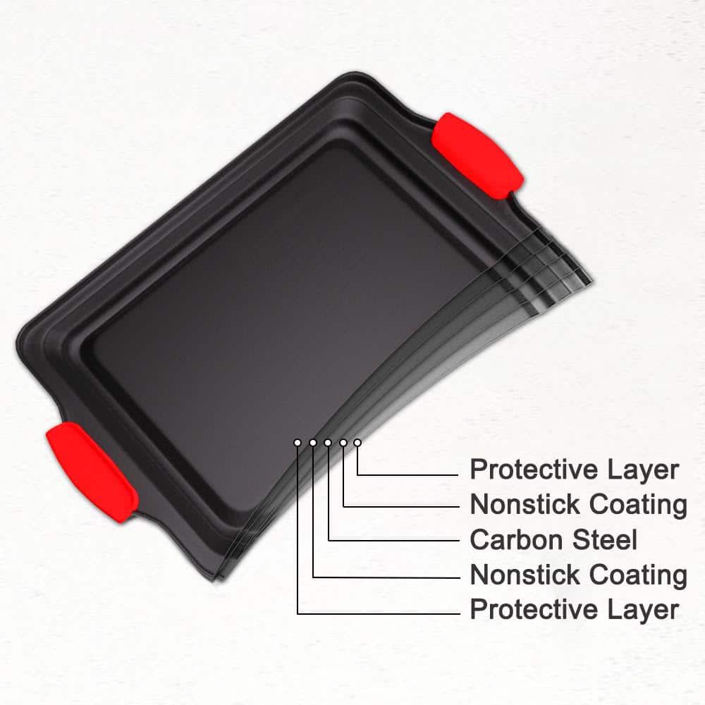 3-Piece Nonstick Baking Pan Sheet with Red Silicone Handles Set - Hercitys