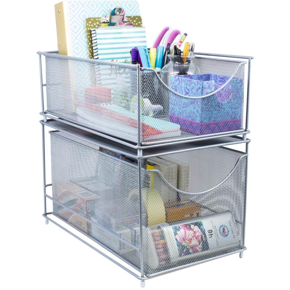 2 Piece Storage Organizer Silver Metal Mesh Pull-Out Organizer - Hercitys