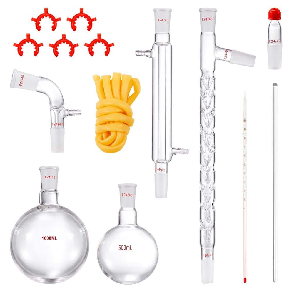3.3 Boro Lab Distillation Kit, 1000 ml Essential Oil Distillation Apparatus with 24/40 Joint, 14-Piece Glassware Set - Hercitys