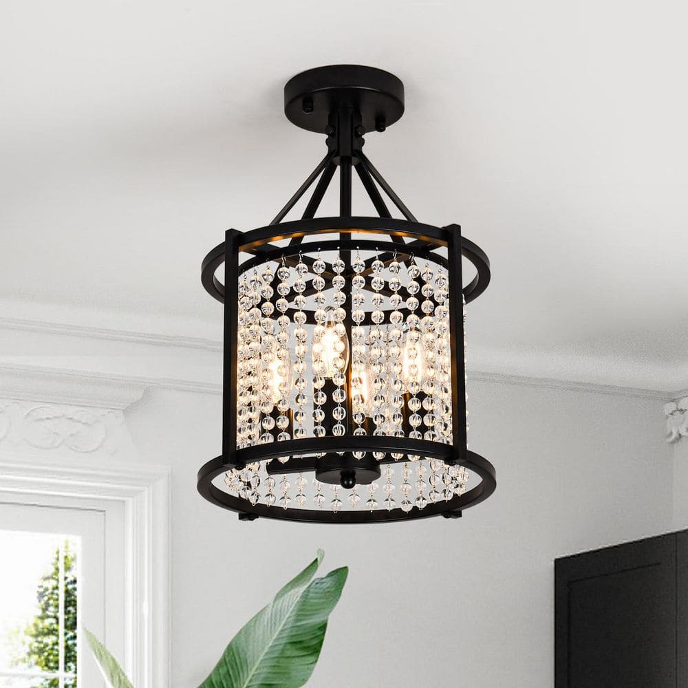 11.8 in. 4-Light Modern Black Lantern Semi-Flush Mount with Crystal Teardrop Pendant Shade - Hercitys