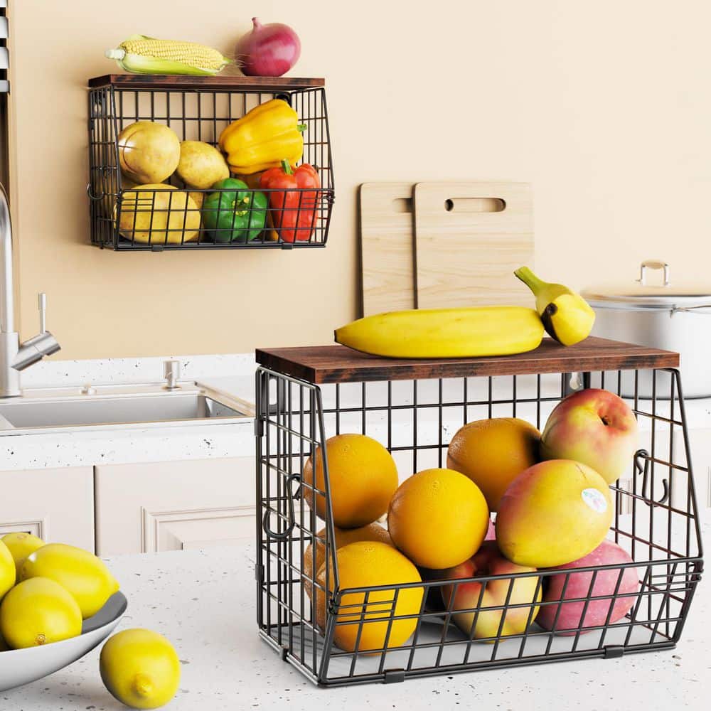 2 Pieces Stackable Kitchen Fruit Basket with Wood Lid, Wall and Countertop Organizer, Metal Hanging Fruit Basket - Hercitys