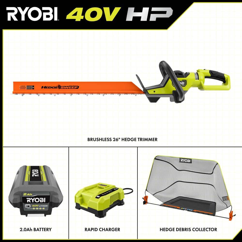 40V HP Brushless 26 in. Cordless Battery Hedge Trimmer with Debris Collector and 2.0 Ah Battery and Charger - Hercitys