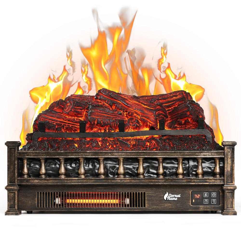 1500-Watt Eternal Flame Electric Fireplace Logs, 23 in. Insert Log Space Heater, Realistic Pinewood Ember Bed, Bronze - Hercitys