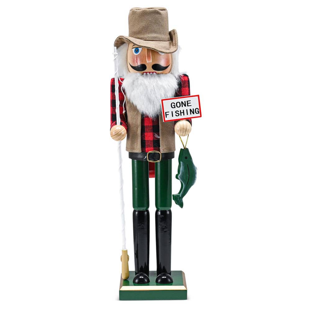 15 in. Wooden Christmas Fisher Man Nutcracker – Red and Green Fisherman Nutcracker with Fishing Rod and Fish in Hand - Hercitys