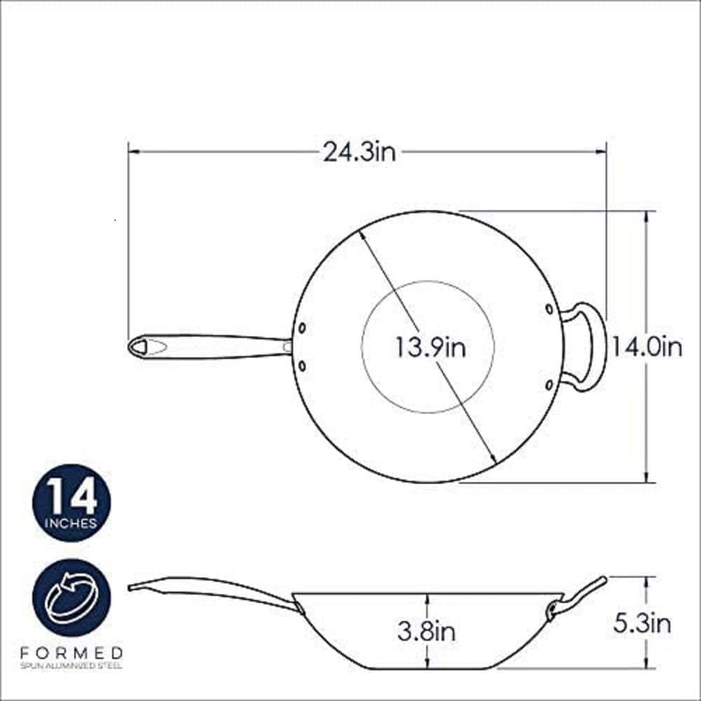 14 in. Aluminized Steel with Nonstick Coating Spun Wok with Stainless Steel Handles Compatible with Induction Stoves - Hercitys