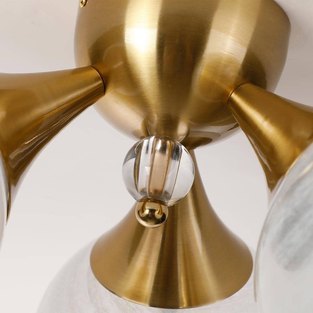 18 in. 3-Light Brass Triple Semi-Flush Mount with White Bubble Glass Shade and No Bulbs Included - Hercitys