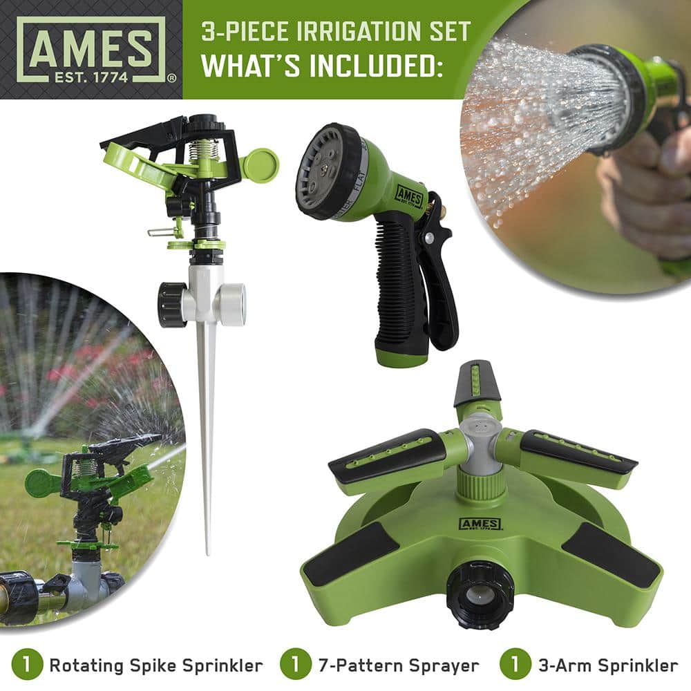 3-Piece Garden Watering Set with (1) Pulsating Spike Style, (1) 3-Arm Rotating Sprinkler and (1) 7-Pattern Spray Nozzle - Hercitys