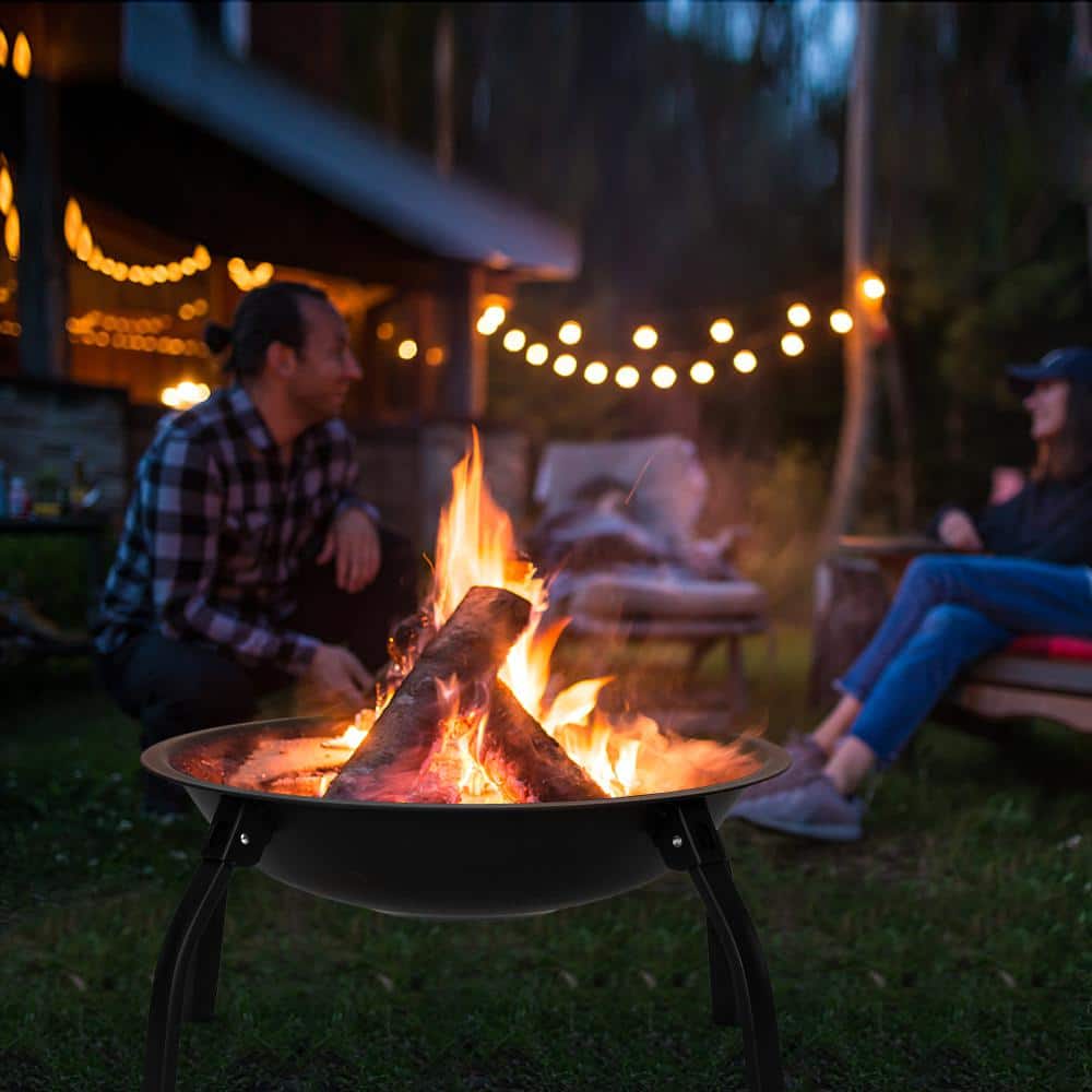 22 in.W Foldable Round Metal Wood Burning Fire Pit with Poker - Hercitys