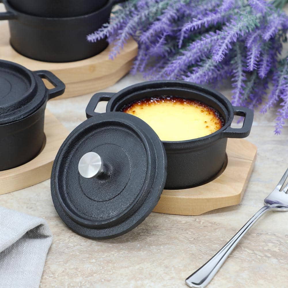 4 Piece Cast Iron 0.25 qt. 8 Ounce Mini Dutch Oven with Wood Tray - Hercitys