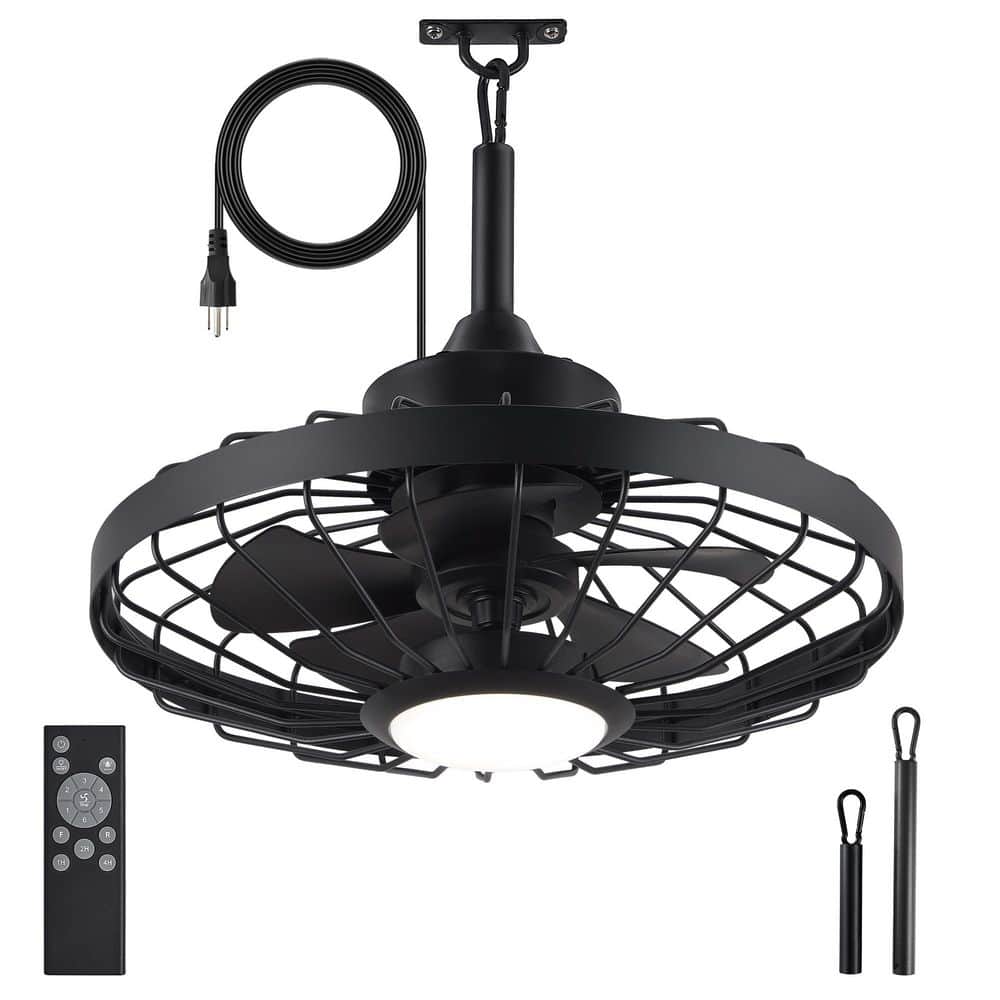 20 in. Outdoor Black Waterproof Caged Ceiling Fan with Light and Remote Control - Hercitys