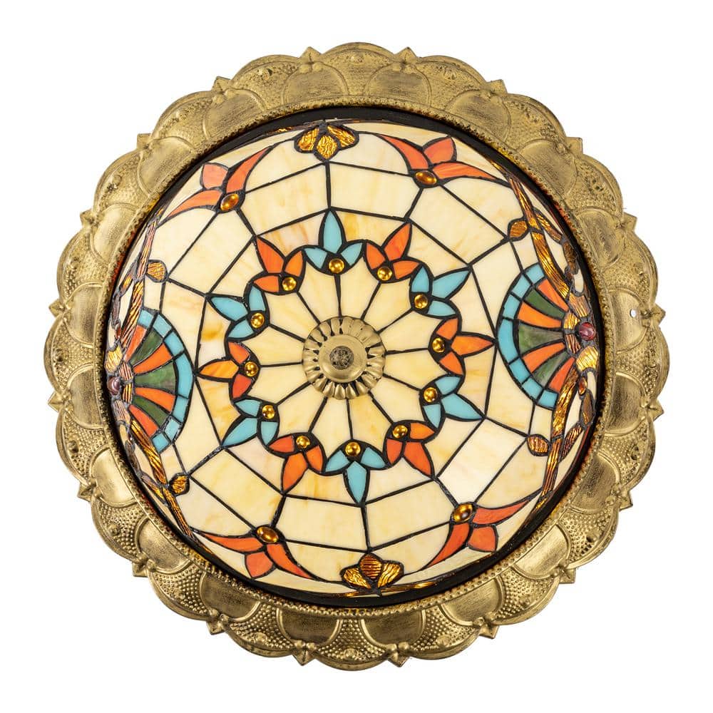 20.47 in. 36-Watt Gold European LED Flush Mount Ceiling Light with Stained Glass Shade - Hercitys