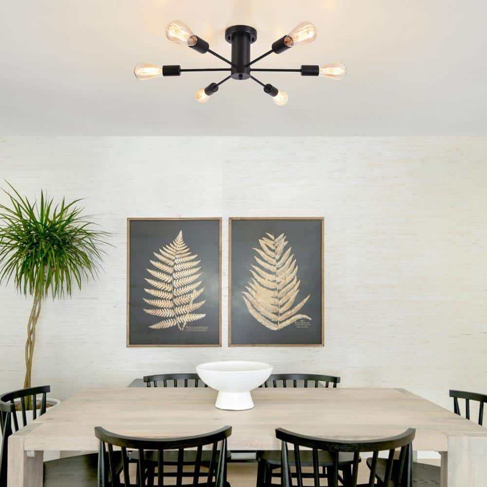 21.81 in. 6-Light Matte Black Sputnik Semi- Flush Mount For Foyer Bedroom with No Bulbs Included - Hercitys