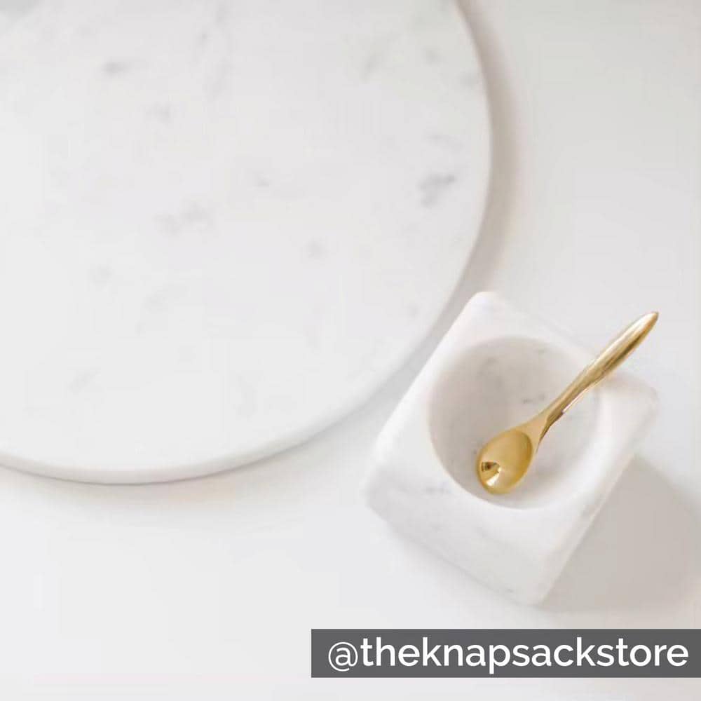 3 in. 2 fl. oz. White Marble Serving Bowl with Brass Spoon (Set of 2) - Hercitys