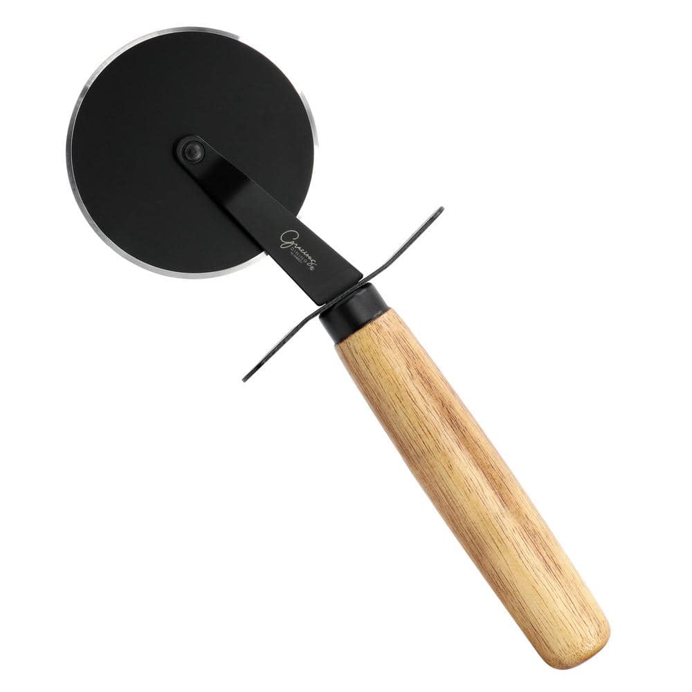 2-Piece Acacia Wood Serving Board and Pizza Cutter Set in Brown - Hercitys