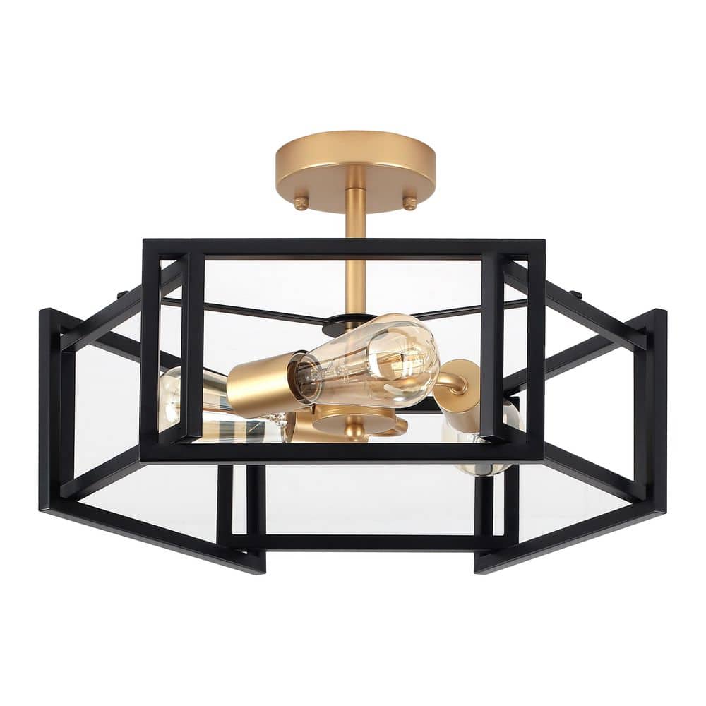 18.11 in. 3 Light Black and Gold Modern Farmhouse Hexagon Semi-Flush Mount Ceiling Light - Hercitys
