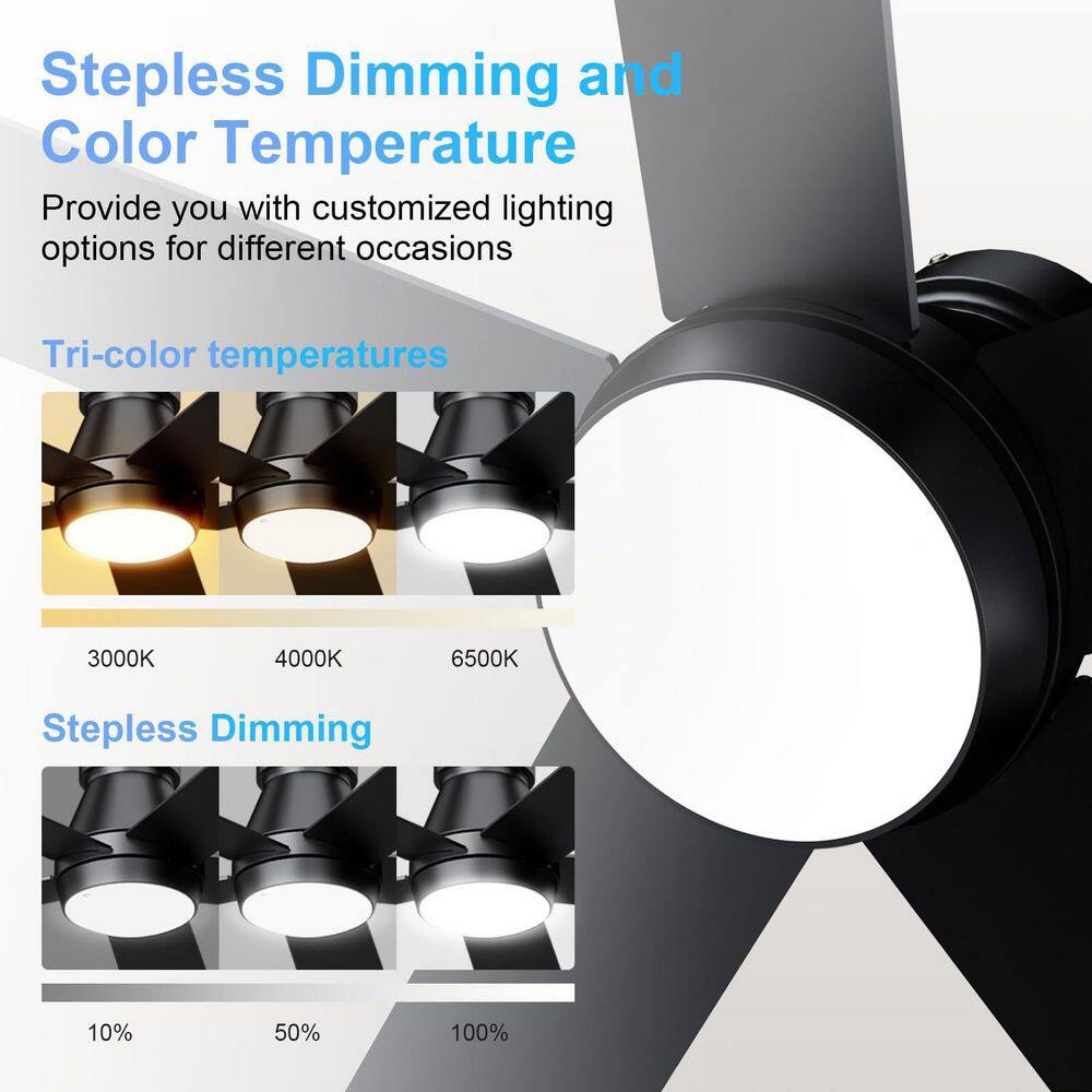 52 in. Dimmable LED Indoor/Outdoor Black Ceiling Fan with Light and Remote, 5 Blades, 6 Speeds DC Reversible, Noiseless - Hercitys