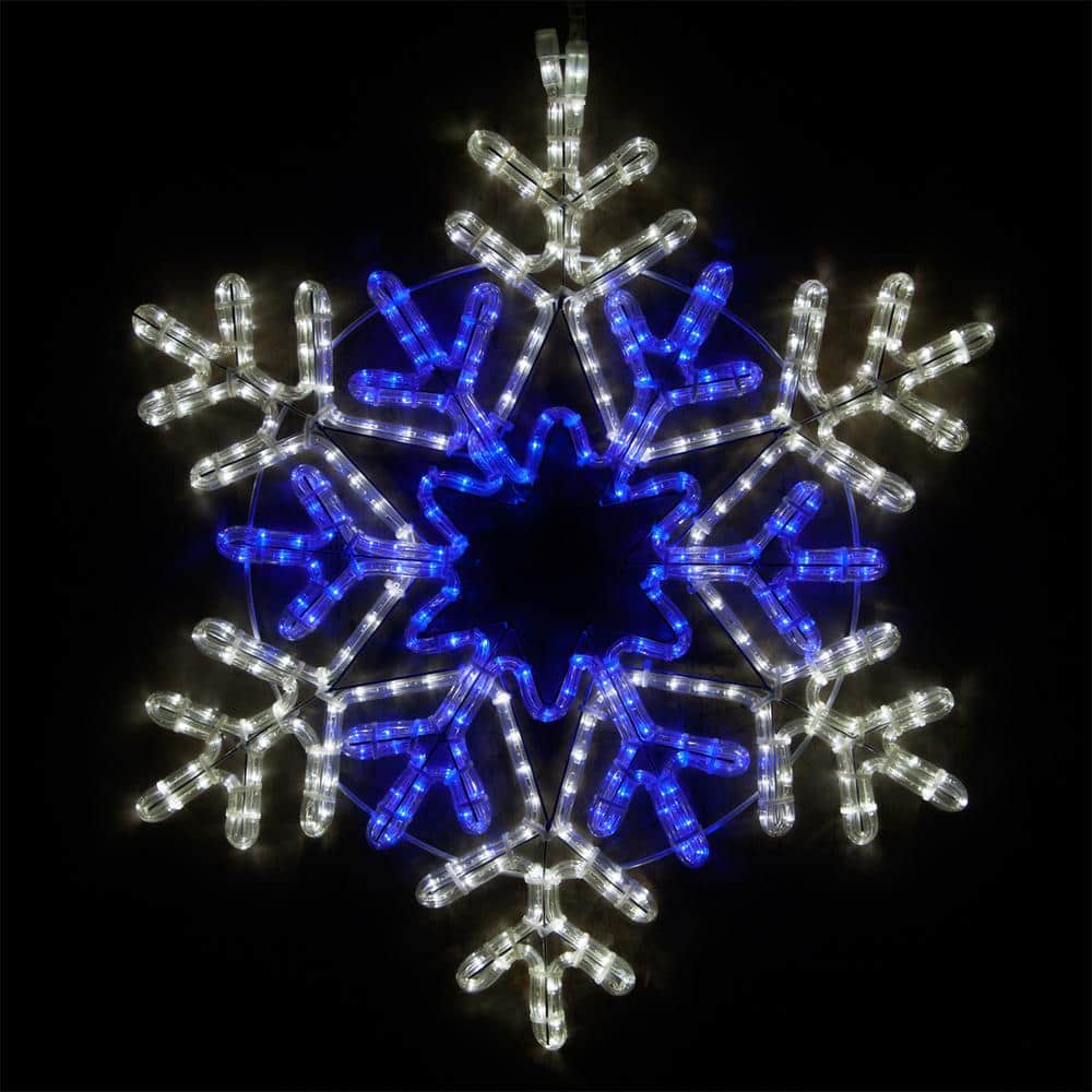 28 in. 407-Light LED Blue and Cool White Hanging Snowflake with Star Center - Hercitys
