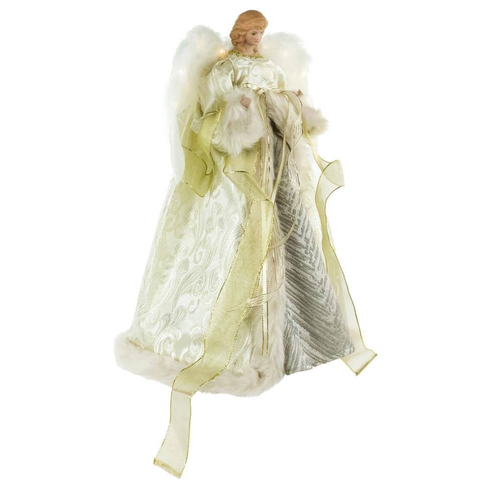 18 in. Lighted White and Gold Angel in a Dress Christmas Tree Topper – Warm White Lights - Hercitys