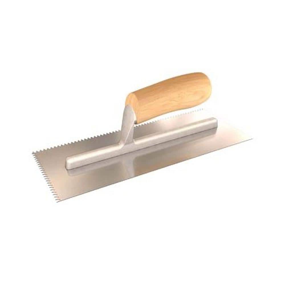 11 in. x 4-1/2 in. V-Notched Margin Trowel with Notch size of 3/16 in. x 3/16 in. with Wood Handle - Hercitys