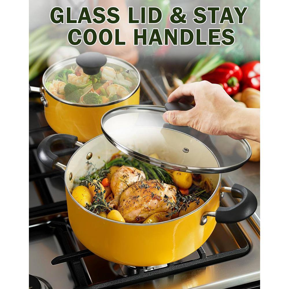 10-Piece Ceramic Nonstick Aluminum Kitchen Cookware Set, Yellow - Hercitys