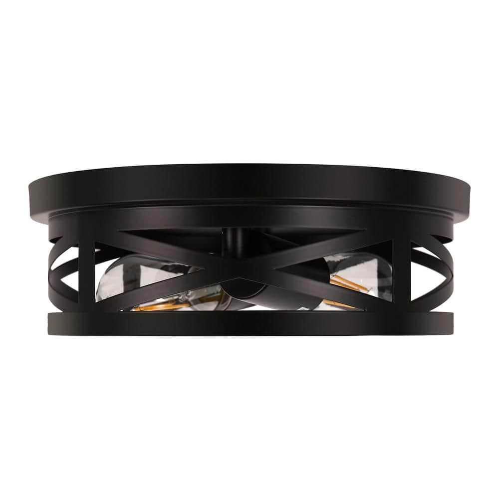 11 in.2-Light Black Flush Mount with Drum Metal Cage Shade for Entryway Bedroom (2-Pack) - Hercitys