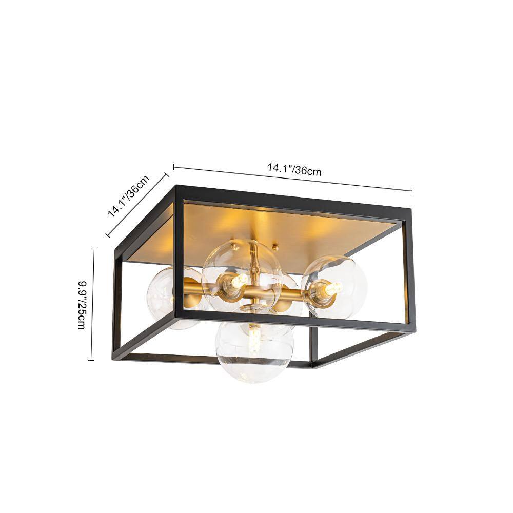 14.17 in. 5-Light Black Gold Modern Farmhouse Open-Caged Flush Mount Close to Ceiling Light with Clear Glass Shade - Hercitys