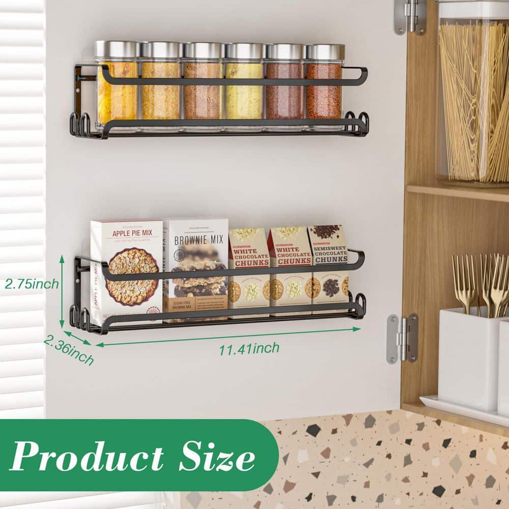 2 Pack Wall Mounted Spice Rack with 8 Hooks Black Adhesive or Screw Installation for Kitchen and RV Use - Hercitys