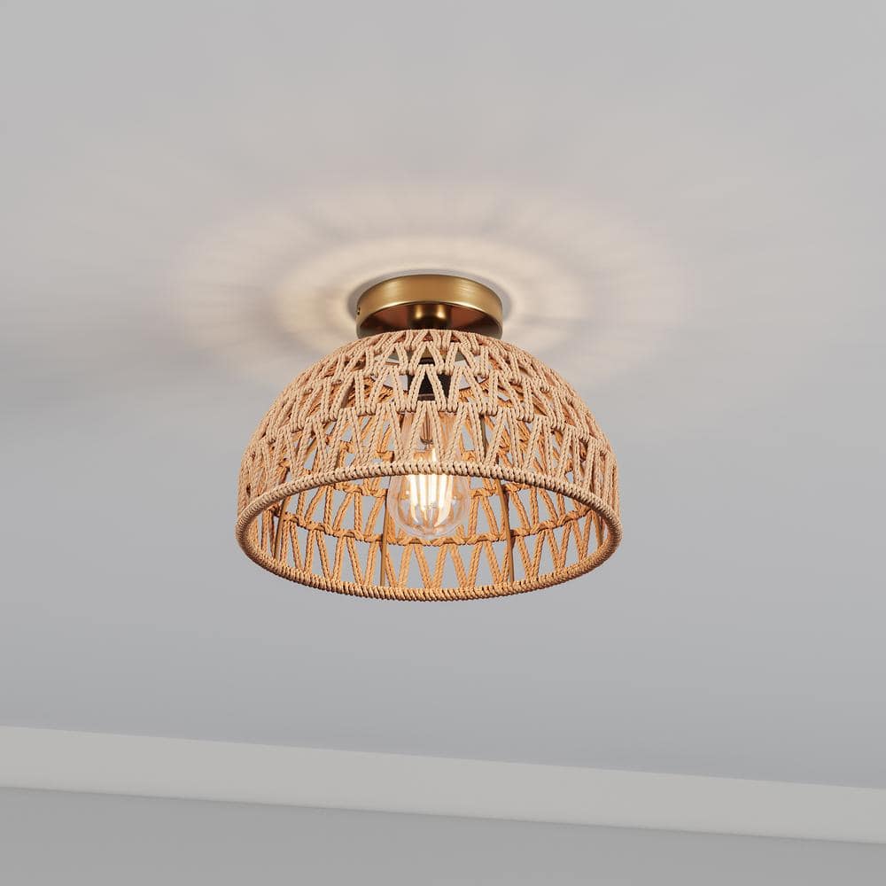 11.02 in. 1-Light Handmade Woven Boho Semi-Flush Mount Rustic Rattan Ceiling Light - Hercitys