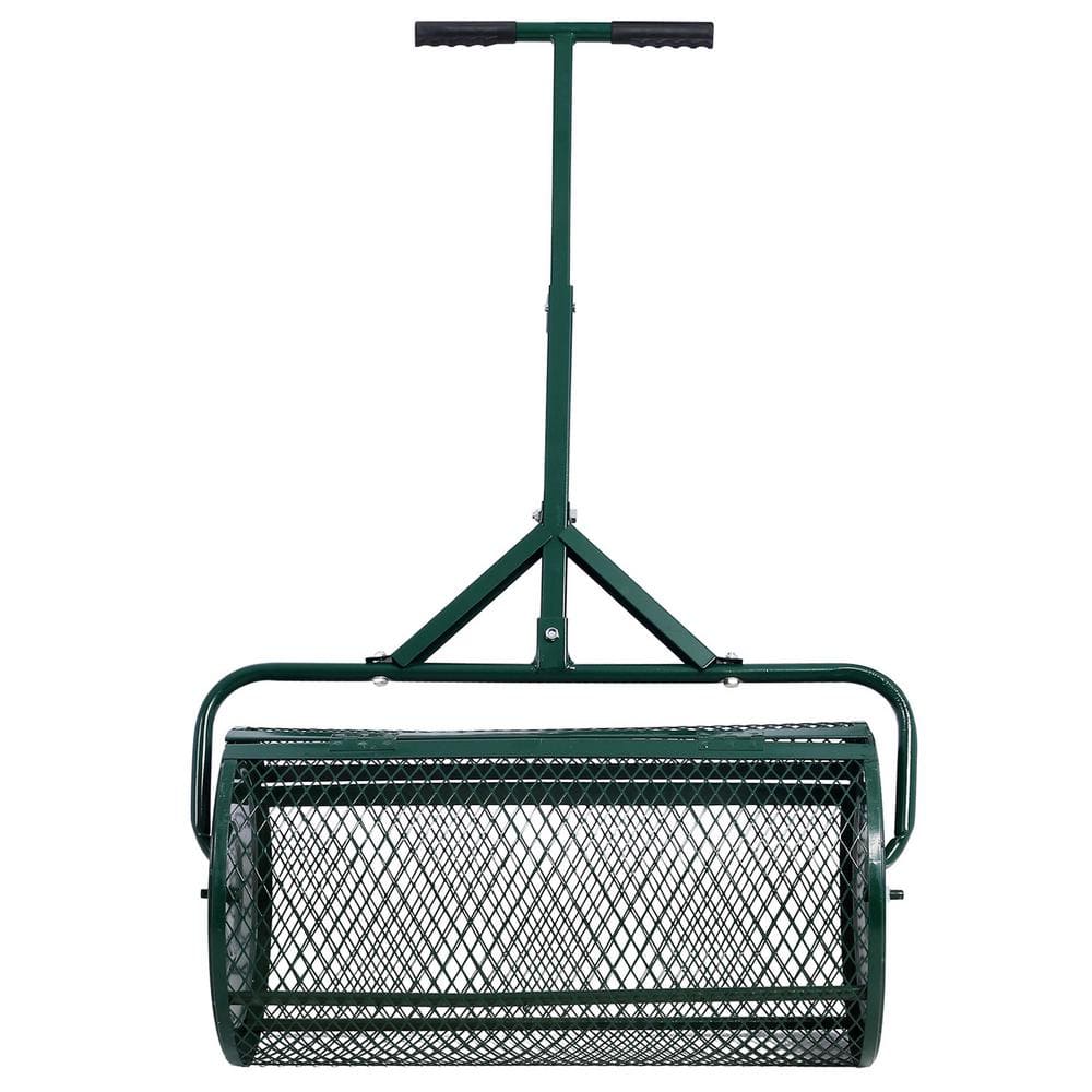 24 in. Metal Mesh Peat Moss Spreader Roller with T Shaped Handle for Planting, Seeding, Lawn and Garden Care, Green - Hercitys