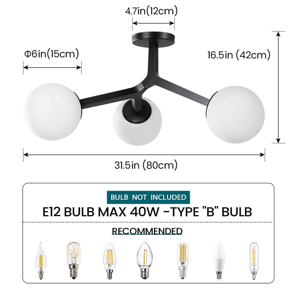 31.5 in. 3-Light Matte Black Modern Semi-Flush Mount With Milky Frosted Glass Shade Mid Century Sputnik Light Fixture - Hercitys