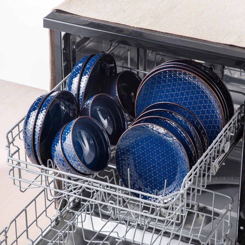 16-Piece Blue Stoneware Dinnerware Set Service for 4-Embossed Honeycomb Shape Pattern Tableware with Plates and Bowls - Hercitys