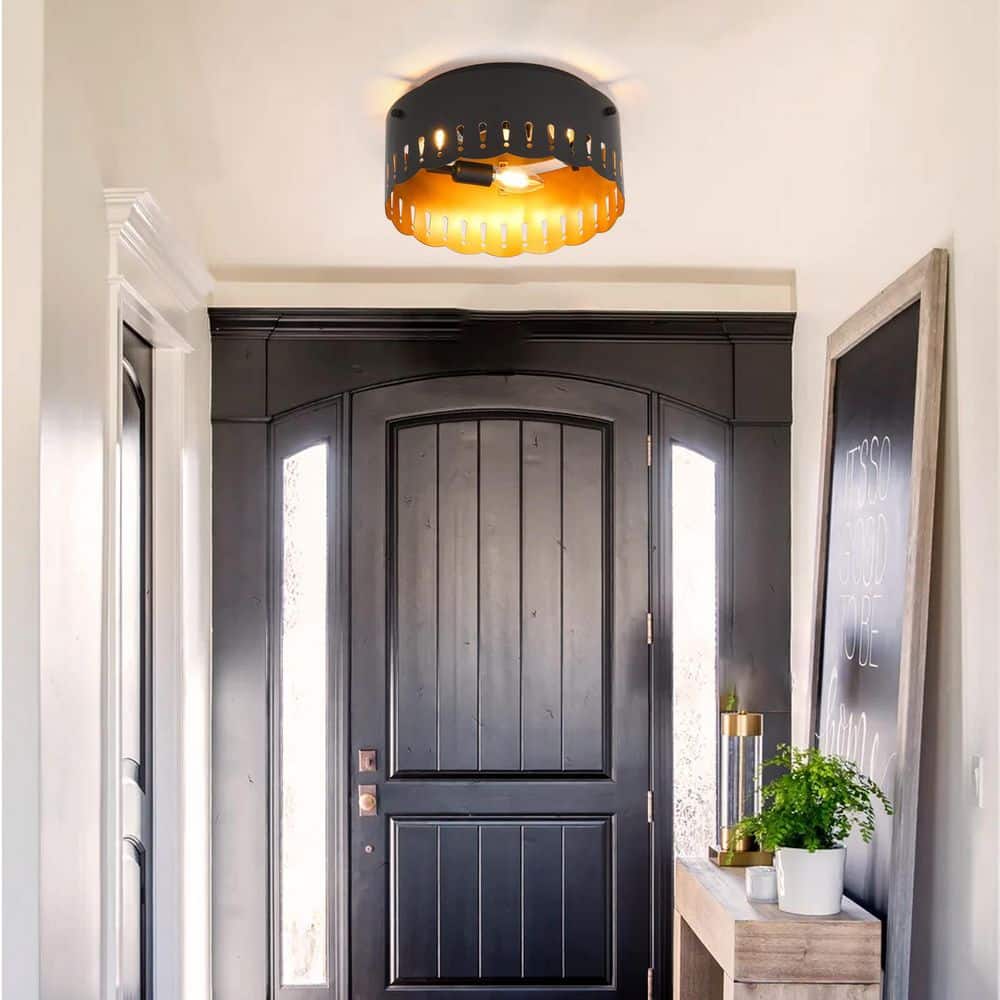 12 in. 3-Light Matte Black Industrial Drum Flush Mount Ceiling Light with Brass Inside Finish and Wavy Brim Fixture - Hercitys