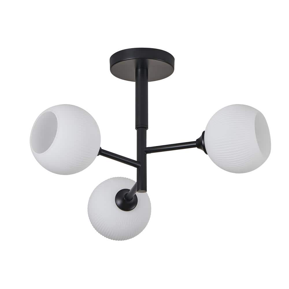 19 in. 3-Light Black Semi-Flush Mount with Frosted Opal White Ribbed Glass Shade - Hercitys