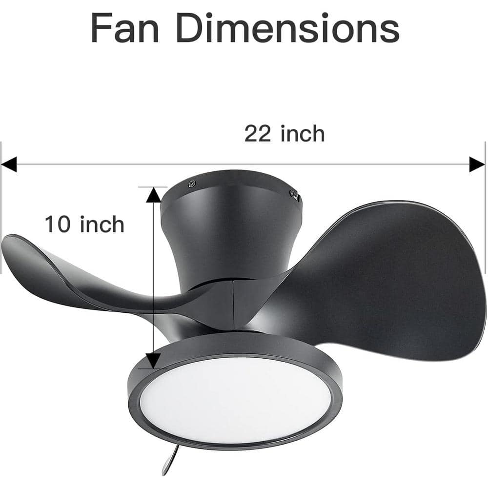 22 in. LED Indoor Black Small Ceiling Fan with Light and Remote and Reversible DC Motor 3 Blades - Hercitys